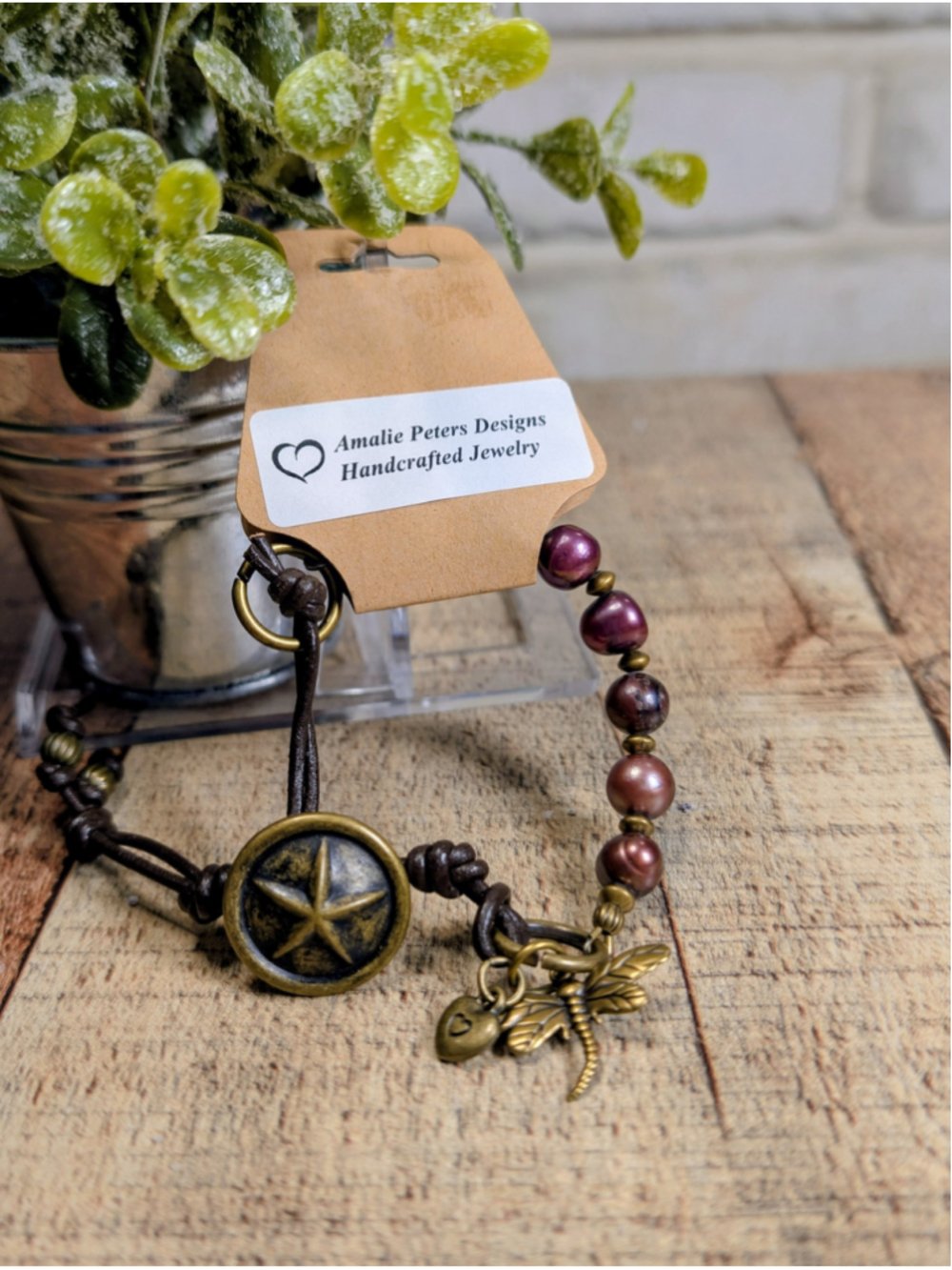 NEW Artisan Boho Cranberry Rustic Pearls Brown Knotted Leather Cord Button Brace